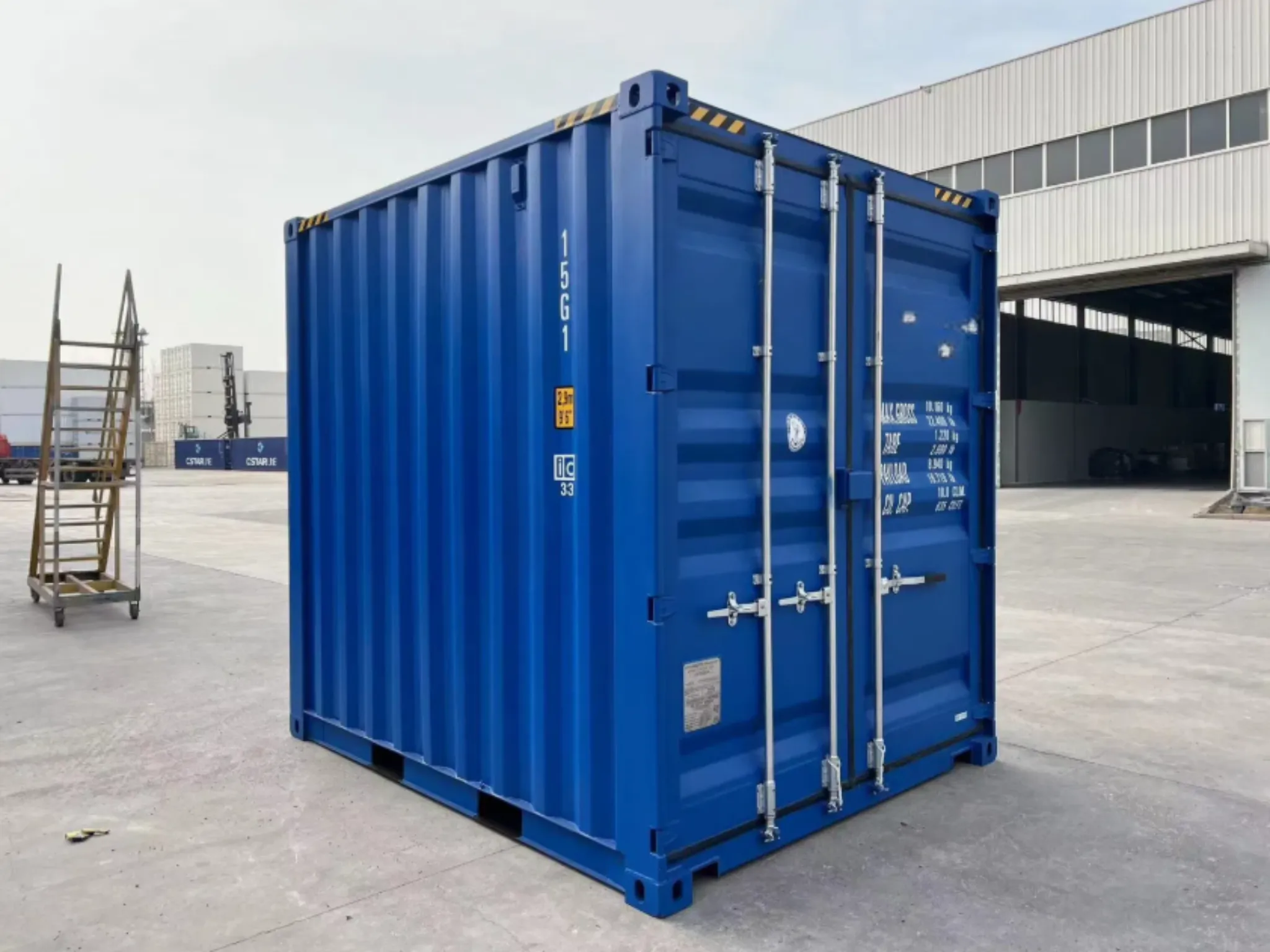 10ft new one trip high cube shipping container in blue — wind and watertight steel storage unit with secure double doors, available UK-wide.