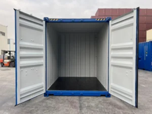 10ft new one trip high cube shipping container in blue — interior view showing wind and watertight steel storage with secure double doors, available UK-wide.