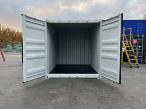 10ft new one trip storage container in white — open double doors showing clean interior, ideal for site equipment, tools or archive storage, with UK delivery