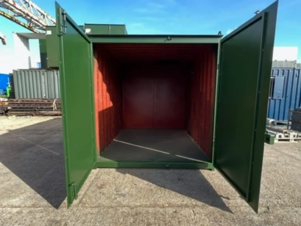 10ft used shipping container with flat panel doors open