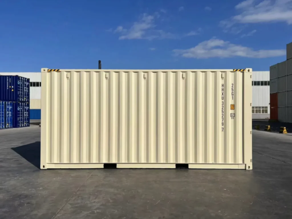 20ft new high cube shipping container in beige — secure extra-height steel unit, ideal for warehouse overflow, pallet storage or workshop use, UK delivery.