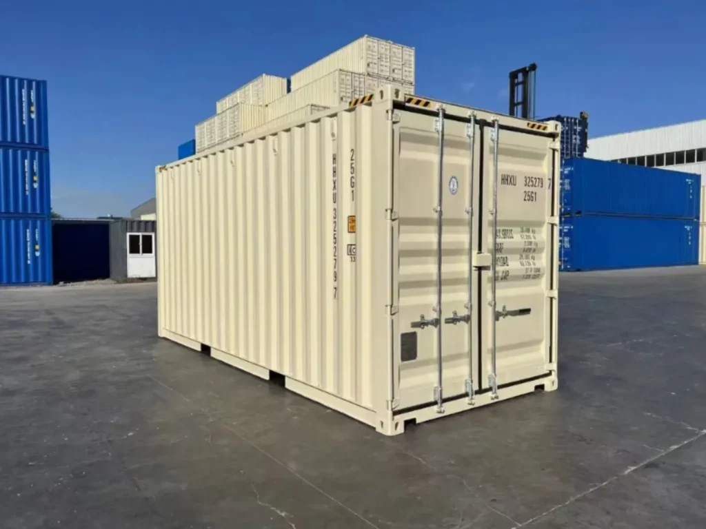 20ft new high cube shipping container in beige — extra-height secure unit, ideal for trade stock, tall machinery or site conversions, with fast UK delivery.