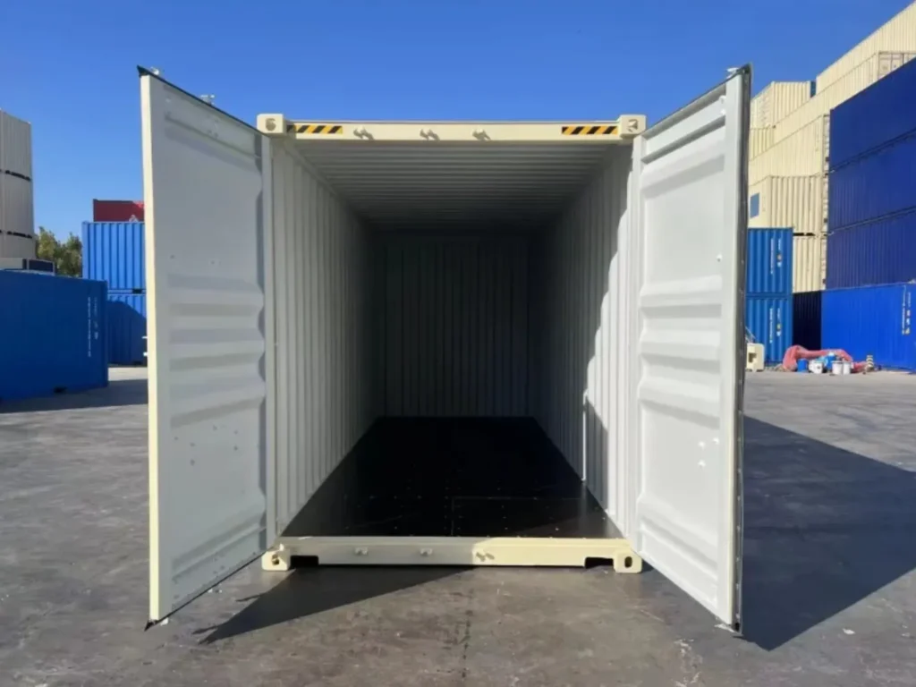 High Cube Containers 20ft new high cube shipping container in beige — open double doors showing spacious interior, ideal for tall stock storage, workshop conversions or events.
