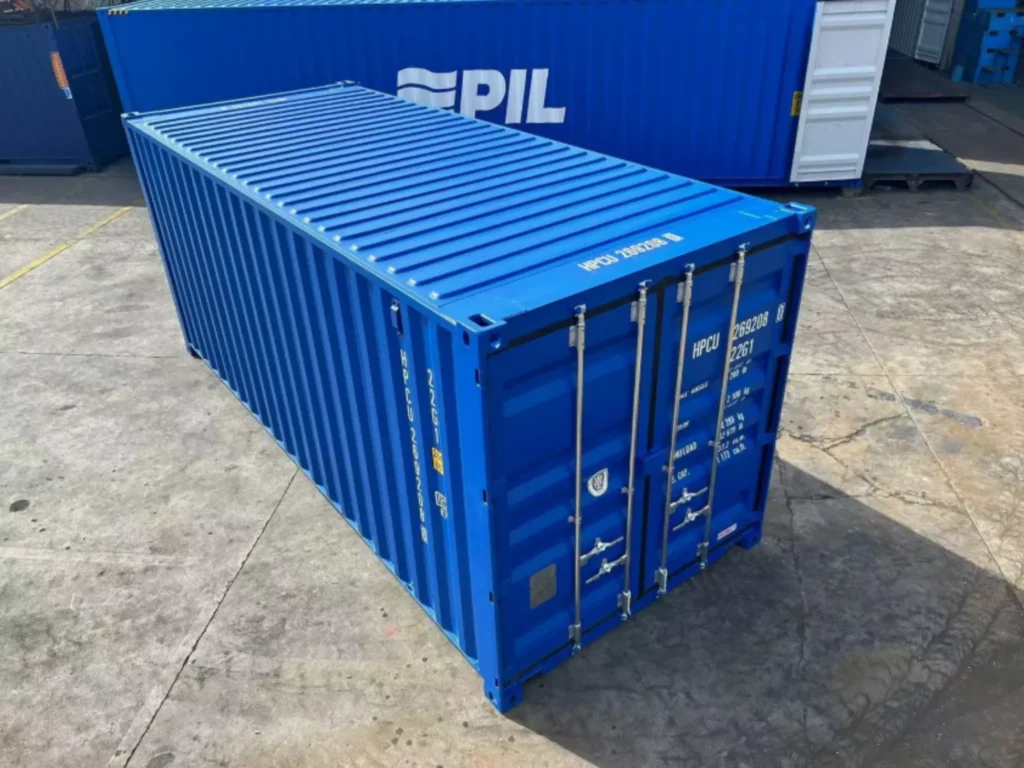 20ft new one trip shipping container in blue — wind and watertight steel unit, ideal for business storage, retail use or conversion projects UK-wide.