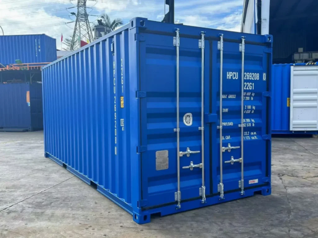 20ft new one trip shipping container in blue — wind and watertight steel unit, ideal for retail stock storage, construction projects or secure hire UK-wide.