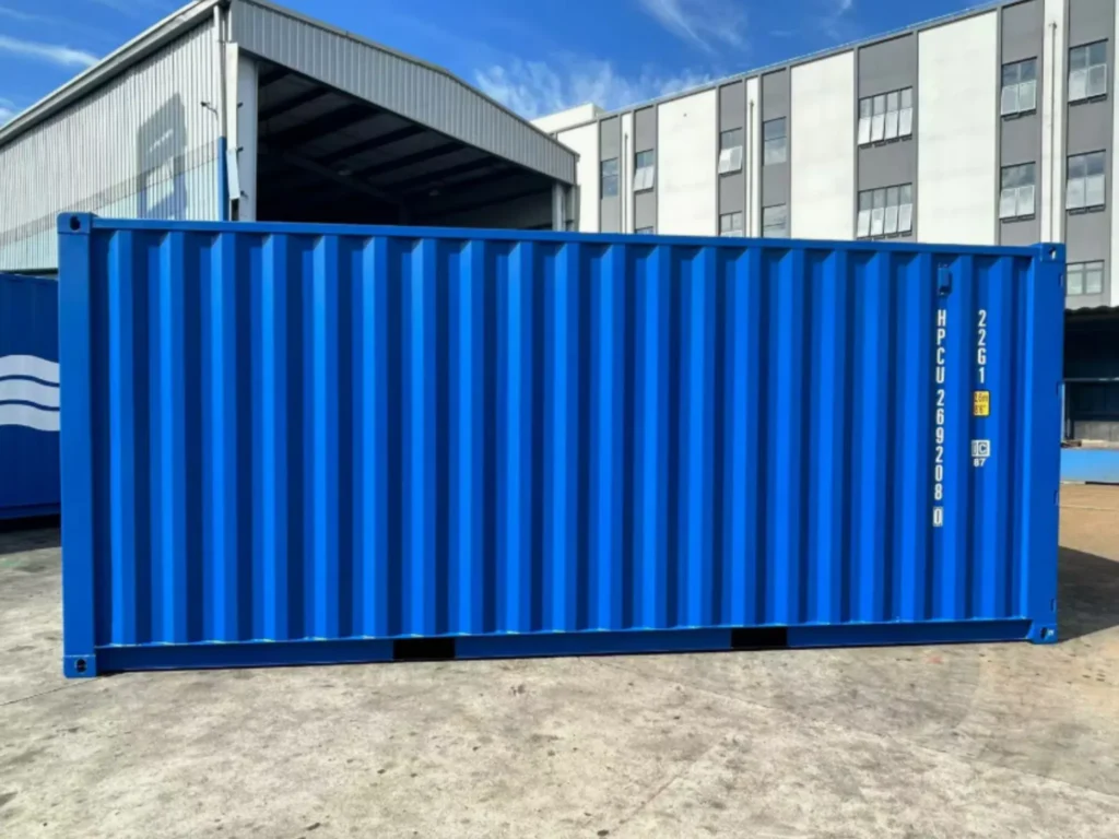 20ft new one trip shipping container in blue — durable wind and watertight steel unit, ideal for farming equipment, storage yards or resale, available UK-wide.