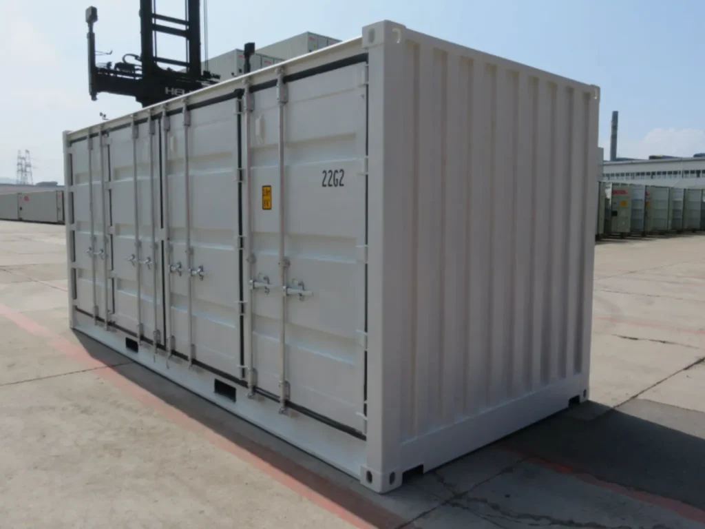 20ft side opening shipping container angled view with multiple doors closed