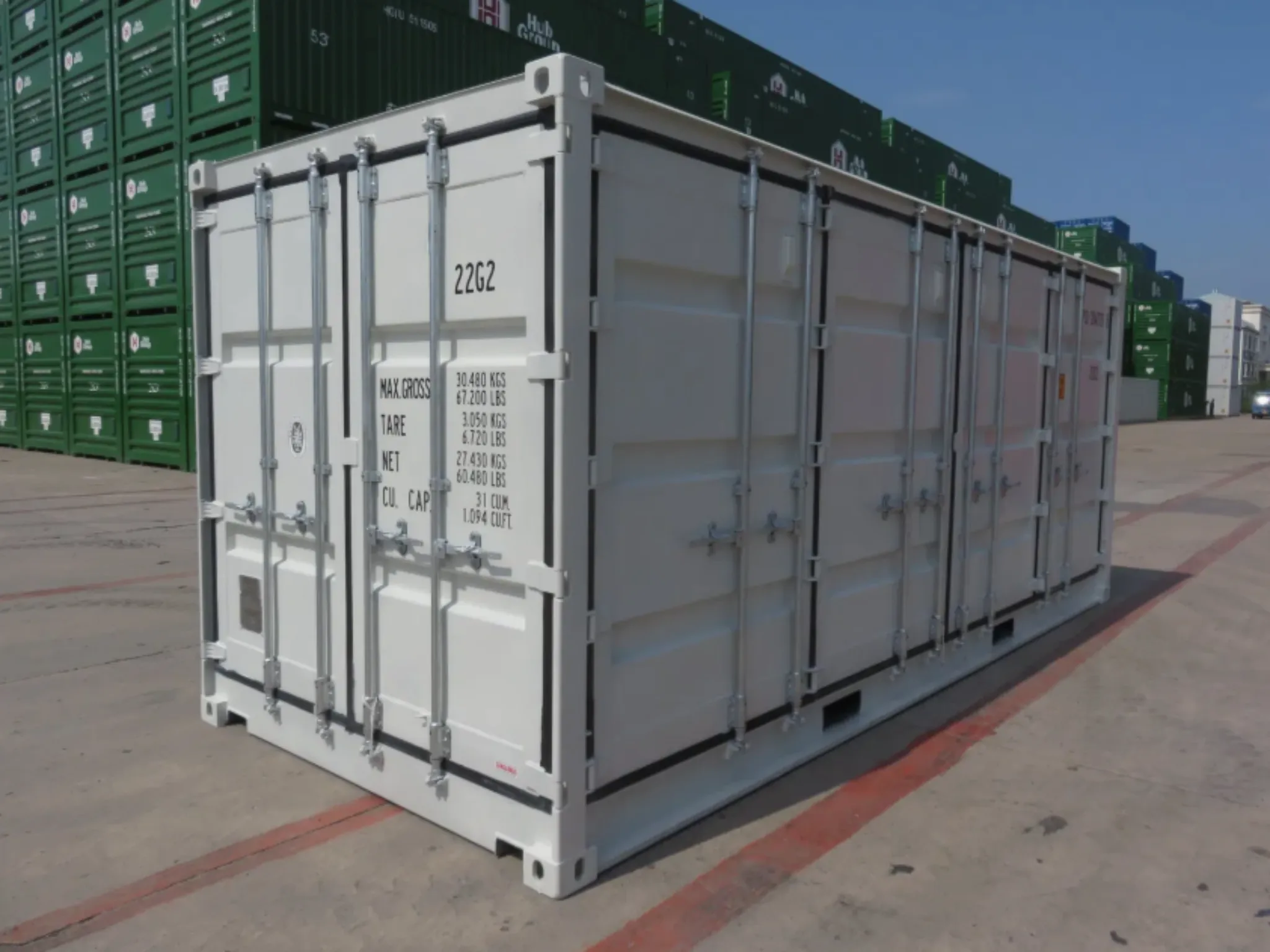 Shipping Containers for Warehousing & Overflow Storage UK Side opening shipping container with double doors on display yard