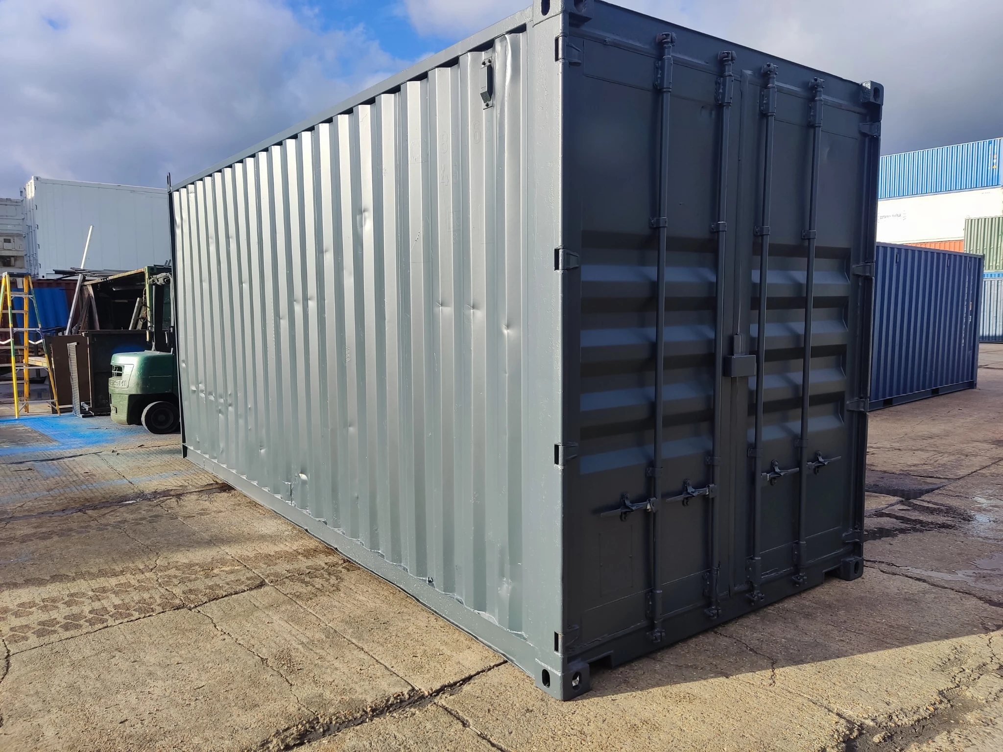 Shipping container freshly painted with protective steel coating