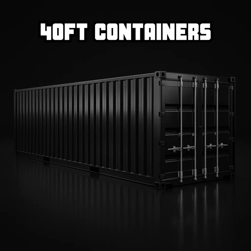 40ft shipping container in black — wind and watertight steel unit for large-scale secure storage, conversions or hire, with fast delivery across the UK.