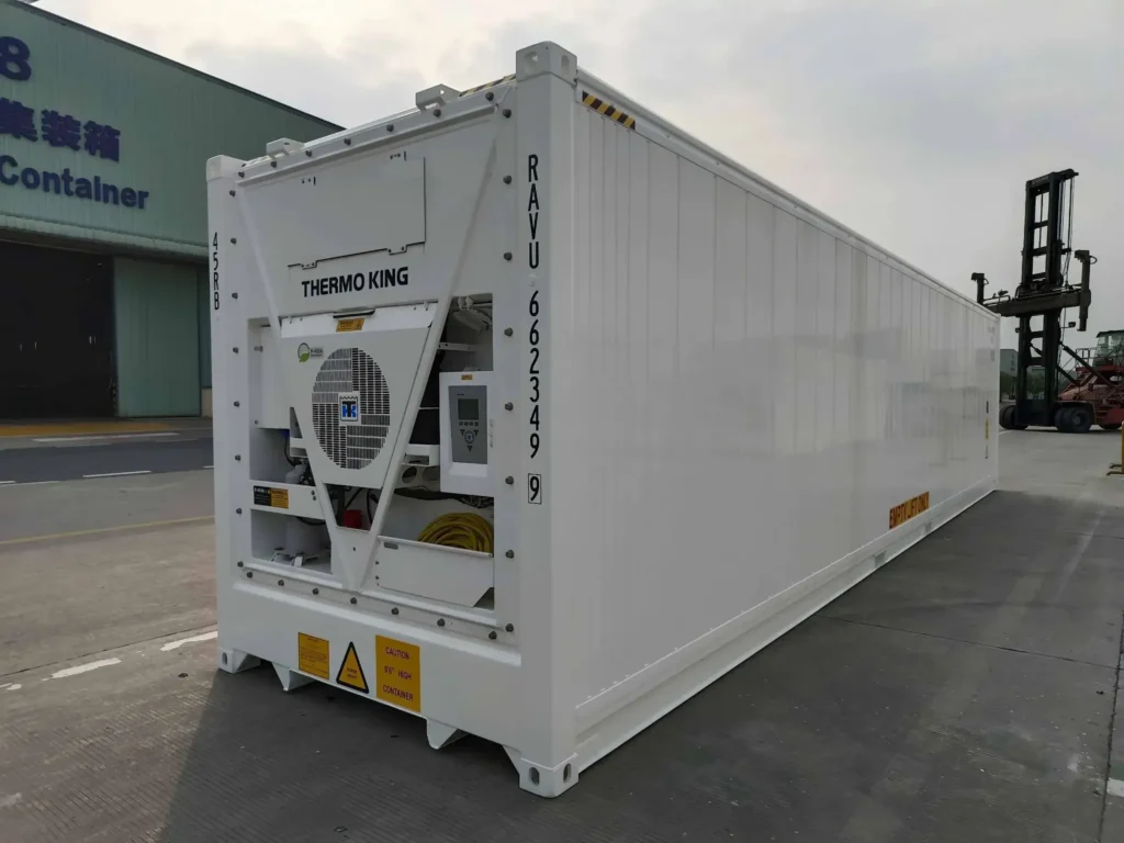 40ft new high cube refrigerated container with Thermo King cooling unit, shown from the front left angle.