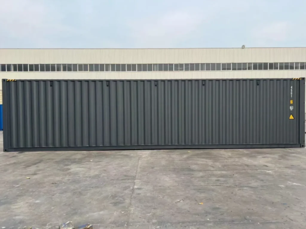 Side view of a 40ft new high cube shipping container in dark grey