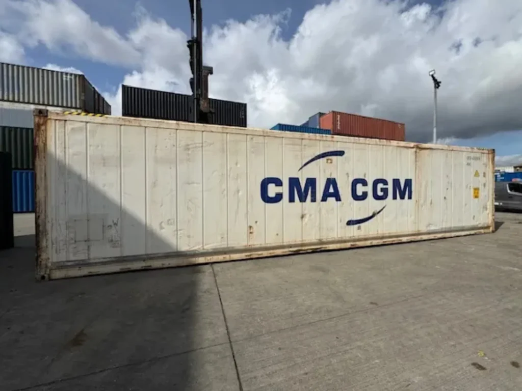 Used Refrigerated Containers for Sale UK: What You Need to Know 40ft used high cube reefer container side view with CMA CGM logo in white finish.