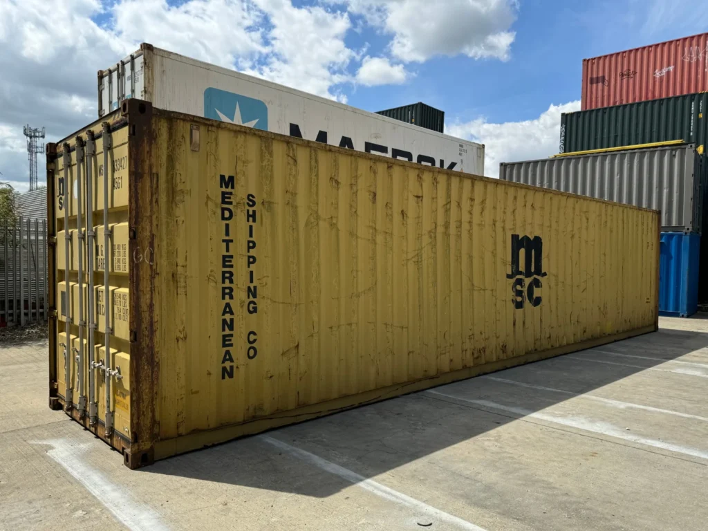 40ft used yellow high cube storage container with MSC and Mediterranean Shipping Company branding