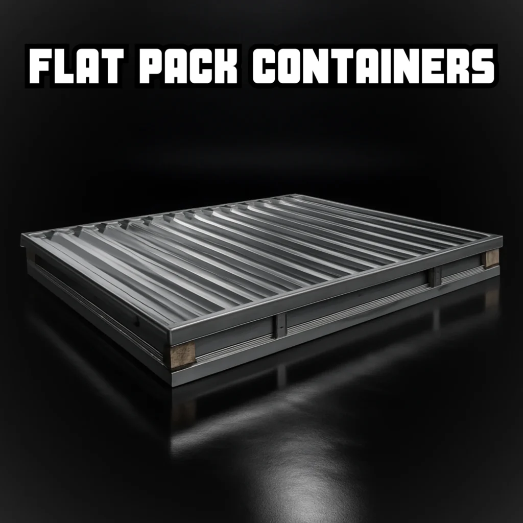 Flat pack shipping container folded for easy transport and assembly