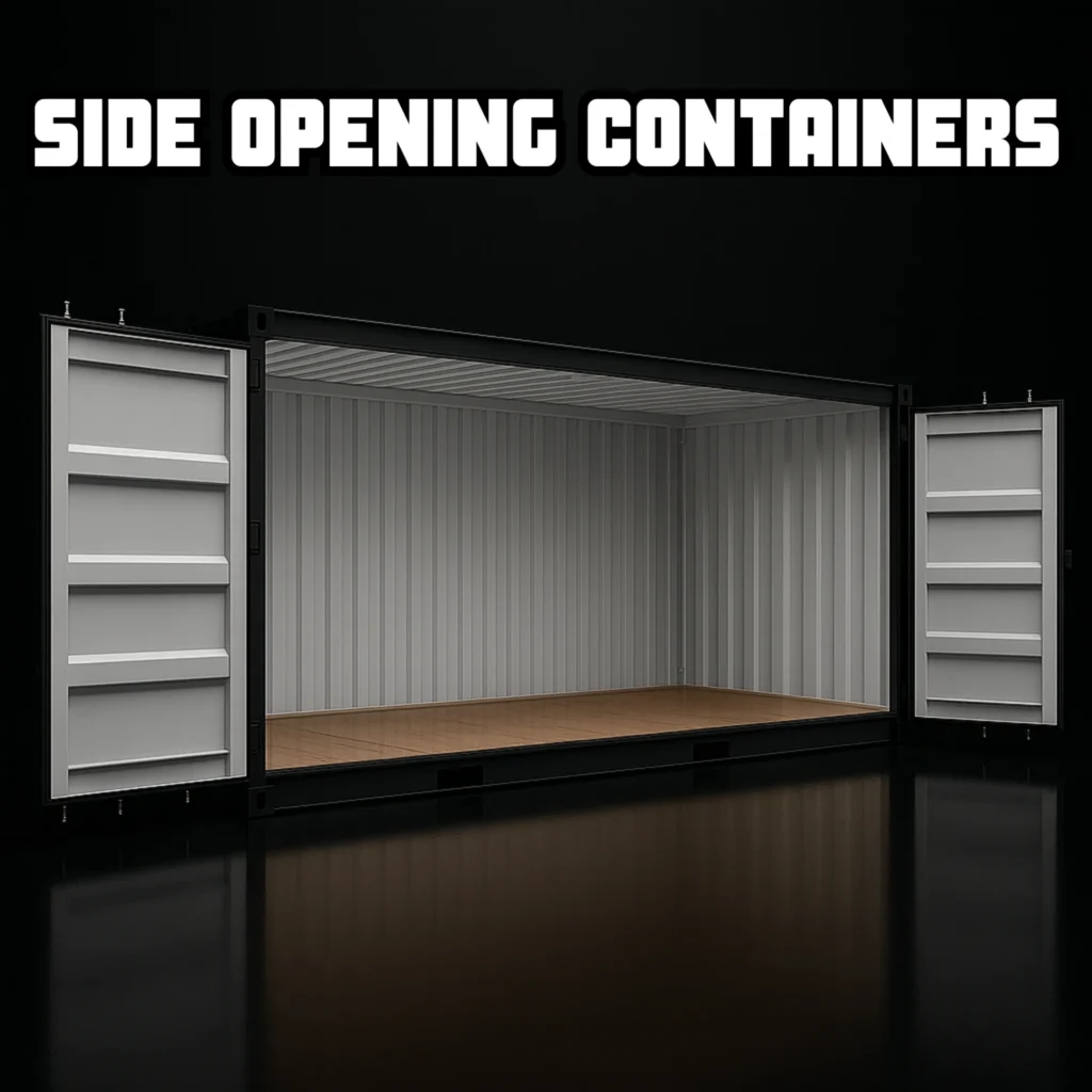 Side opening shipping container with wide doors fully open