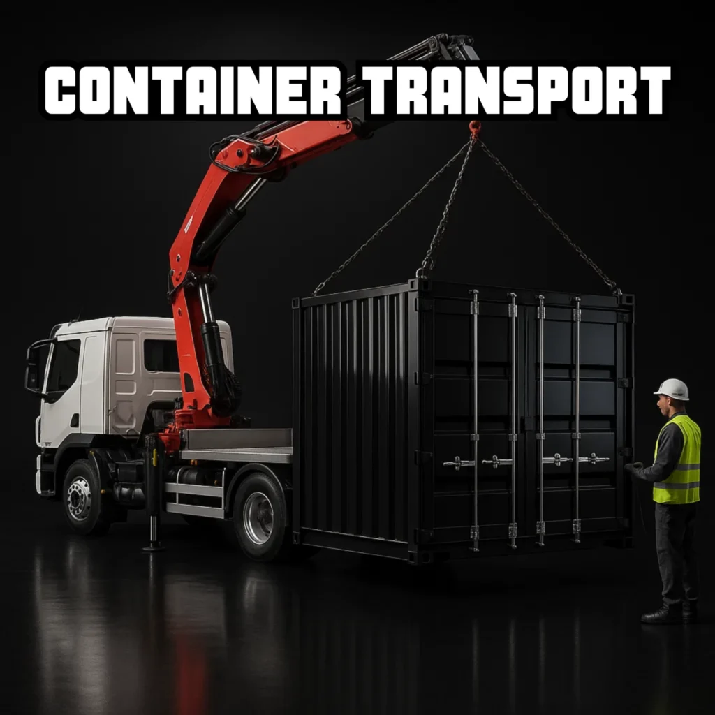Container transport with HIAB crane lorry — black 20ft steel shipping container being delivered and offloaded safely on site, available UK-wide.