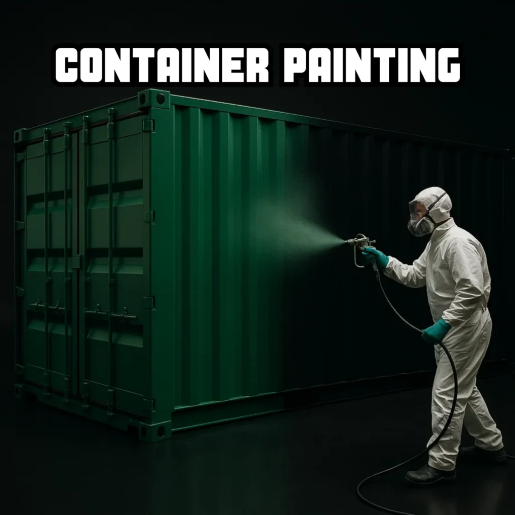 Worker in protective gear spray painting a green shipping container as part of container refurbishment.