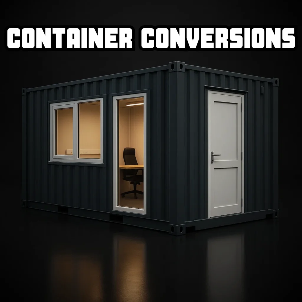 Container conversion — steel shipping container modified into office space with windows and door, ideal for custom builds, available UK-wide with fast delivery.