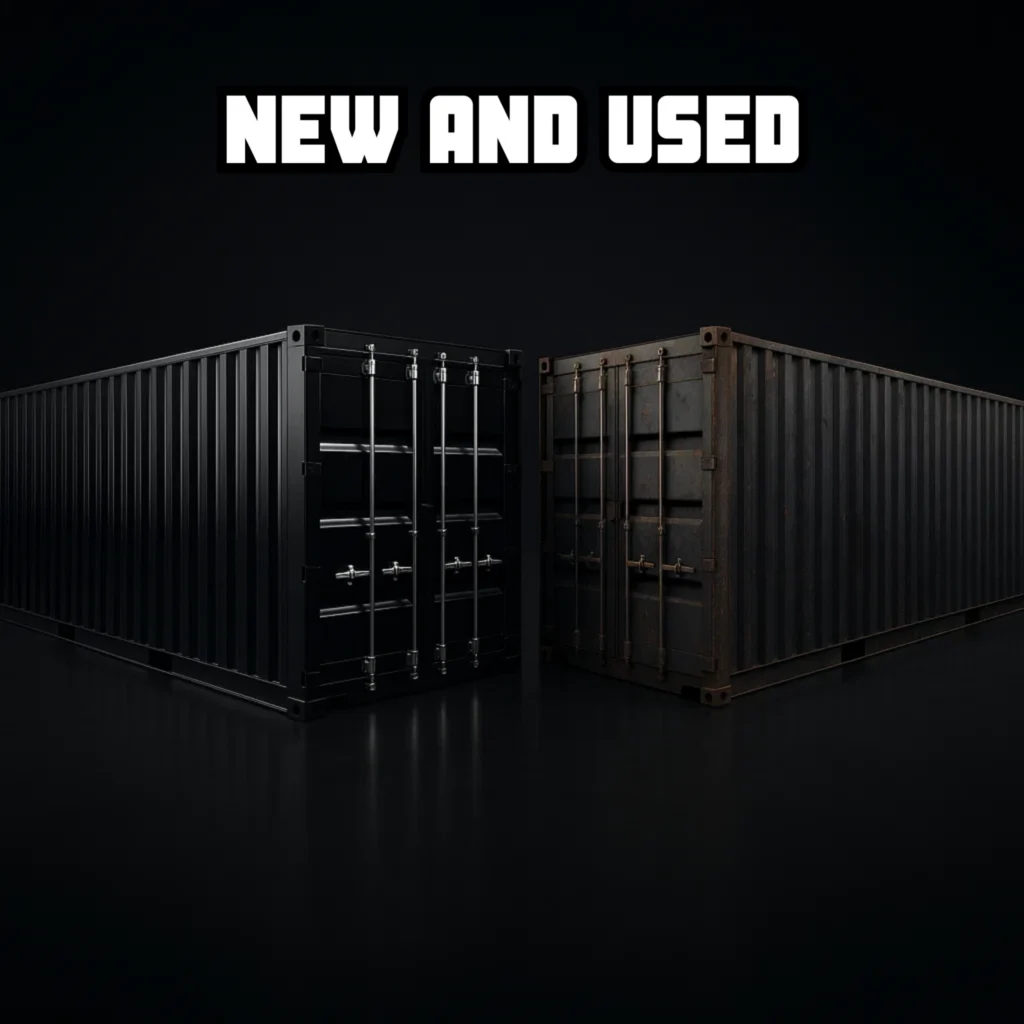 New and used shipping containers side by side front view