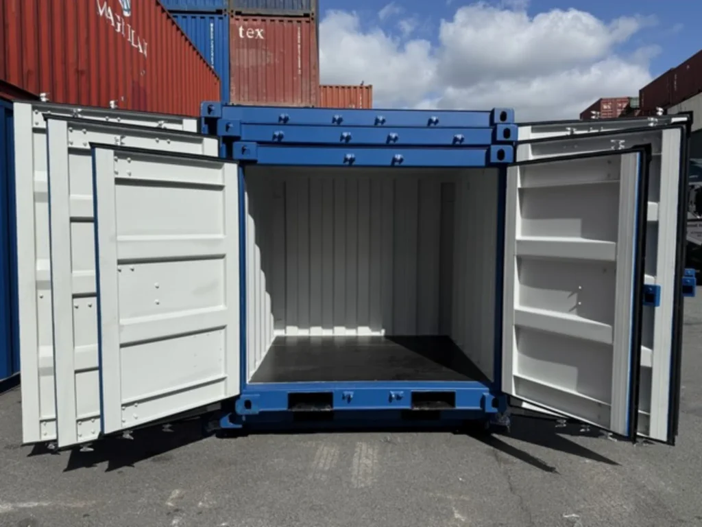 10ft shipping container UK with double doors open, wind and watertight secure storage unit.