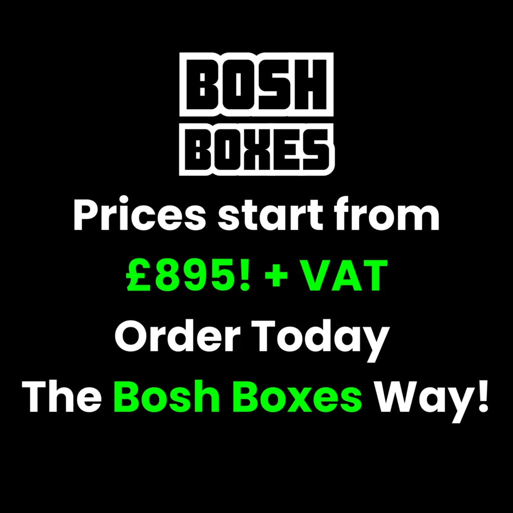 Bosh Boxes shipping containers for sale UK graphic showing prices starting from £895 plus VAT for steel storage containers with nationwide delivery.