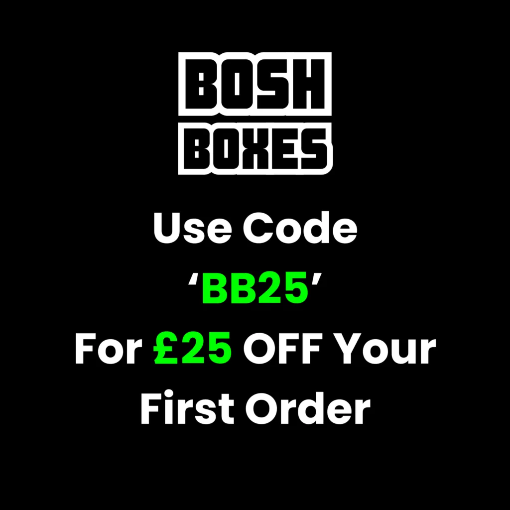 Bosh Boxes promotional graphic offering £25 off a first order using discount code BB25 on new and used shipping containers in the UK.