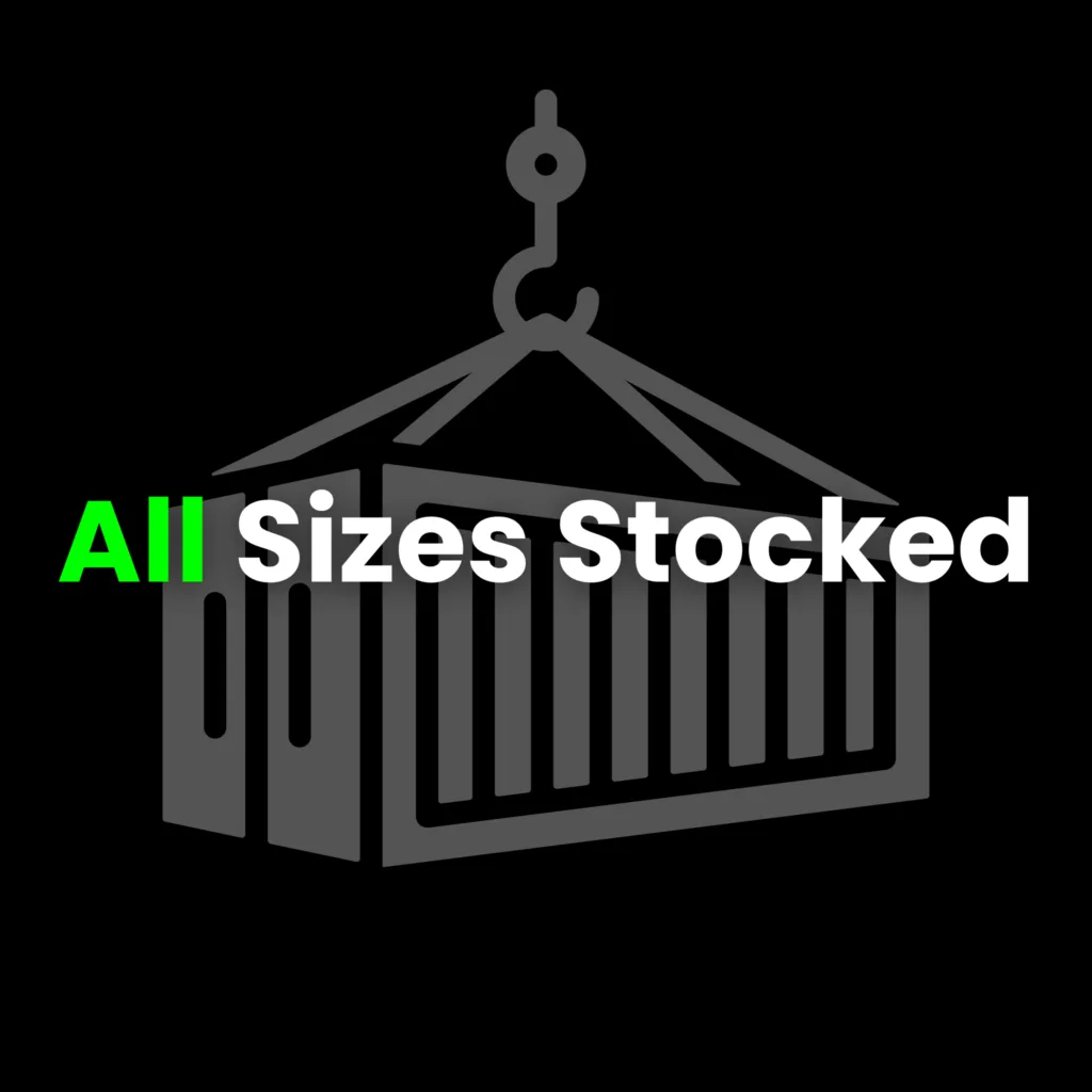 Illustration of a crane lifting a shipping container with text all sizes stocked, representing 10ft, 20ft and 40ft steel storage containers available from Bosh Boxes.