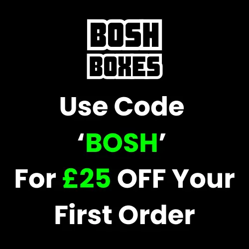 Bosh Boxes promotional graphic showing discount code 'BOSH' for £25 off first order, white and green text on black background with Bosh Boxes logo.