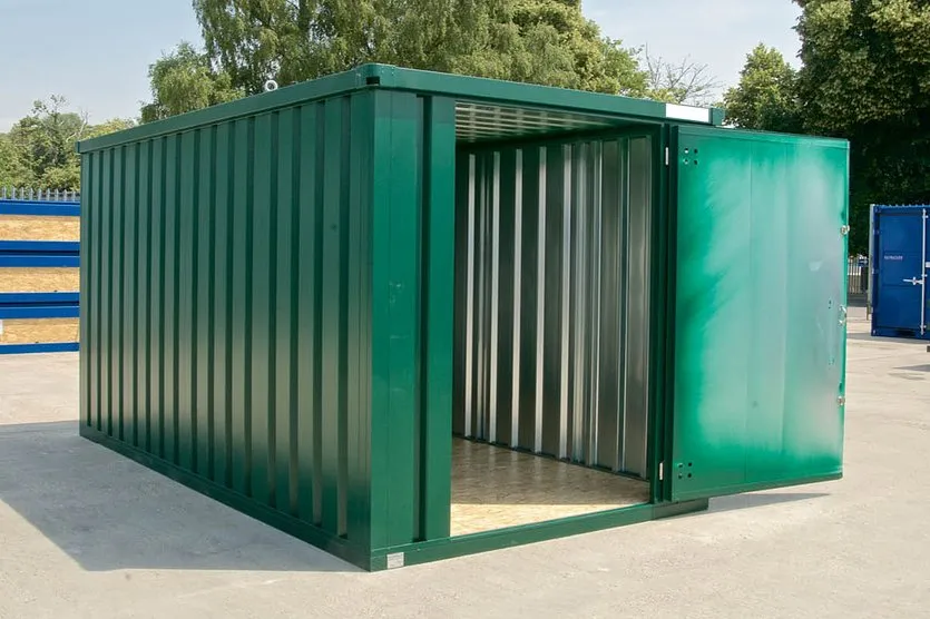 Flat Pack Containers Flat pack storage container open showing spacious interior and steel build