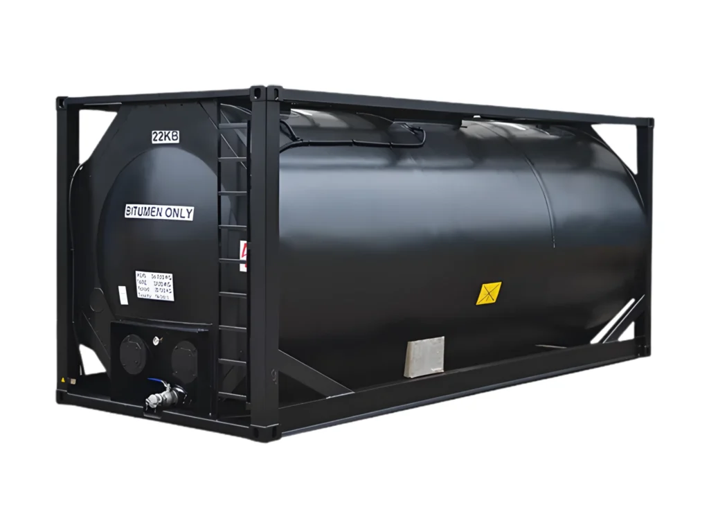 Tank Containers 20ft black bitumen tank container with heating system and labelled “Bitumen Only” – Bosh Boxes.