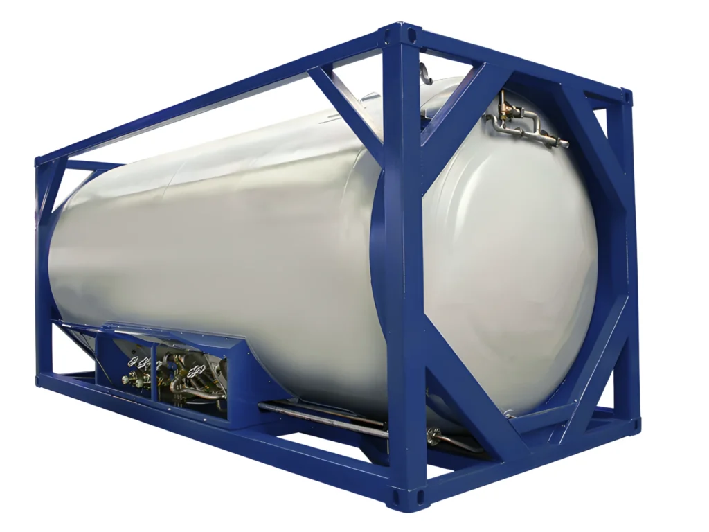 Tank Containers 20ft ISO tank container with blue steel frame and stainless-steel barrel for bulk liquid transport – Bosh Boxes UK.