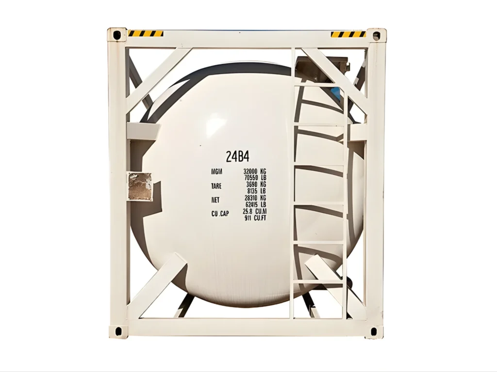 Tank Containers 20ft ISO tank container front view showing frame and capacity markings – Bosh Boxes UK.