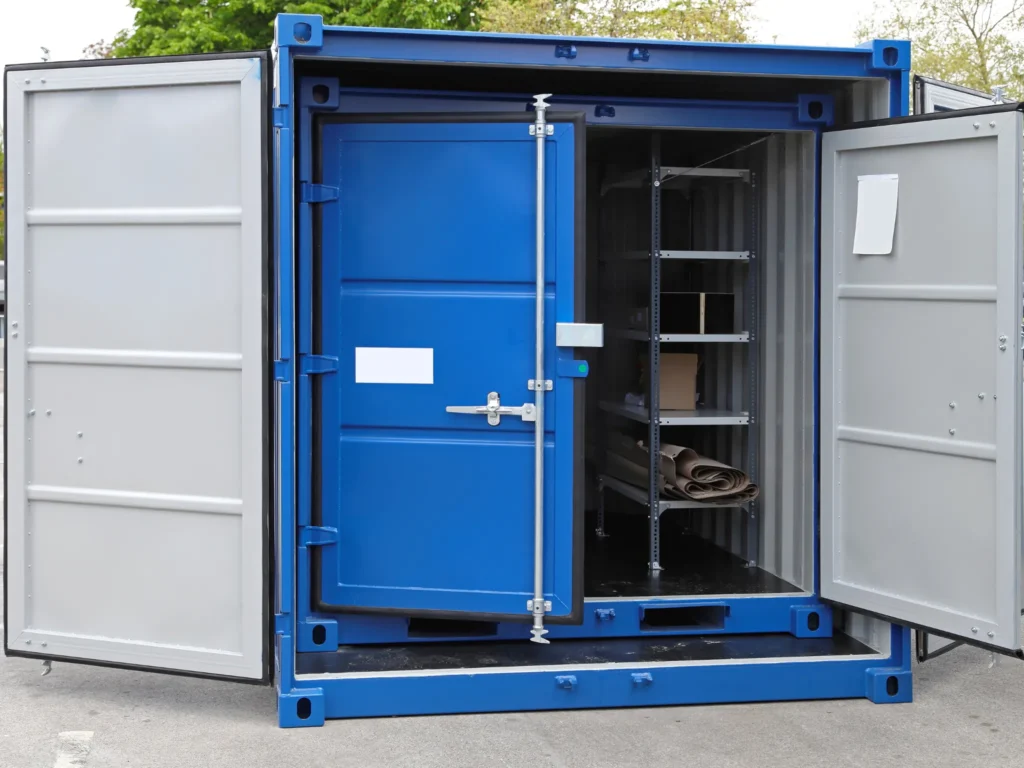 Shipping container with open doors to improve natural airflow and prevent condensation.