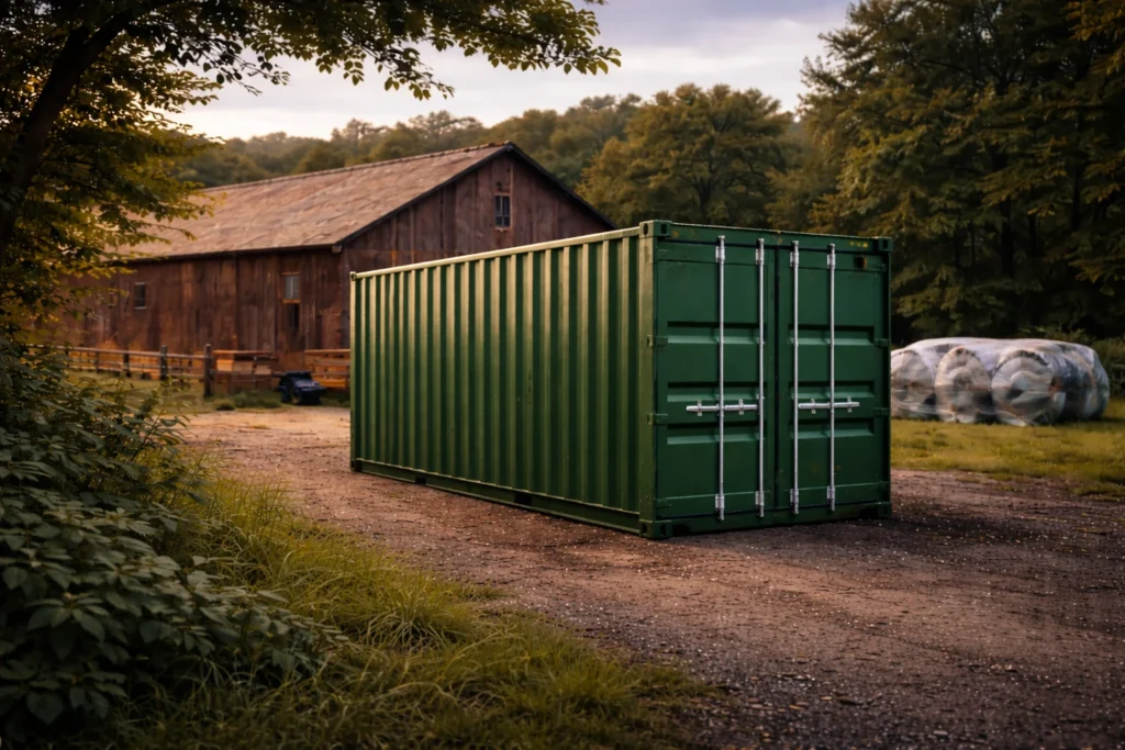 New RAL6007 green shipping container placed on agricultural land with barn and wrapped hay bales, suitable for secure farm storage in the UK