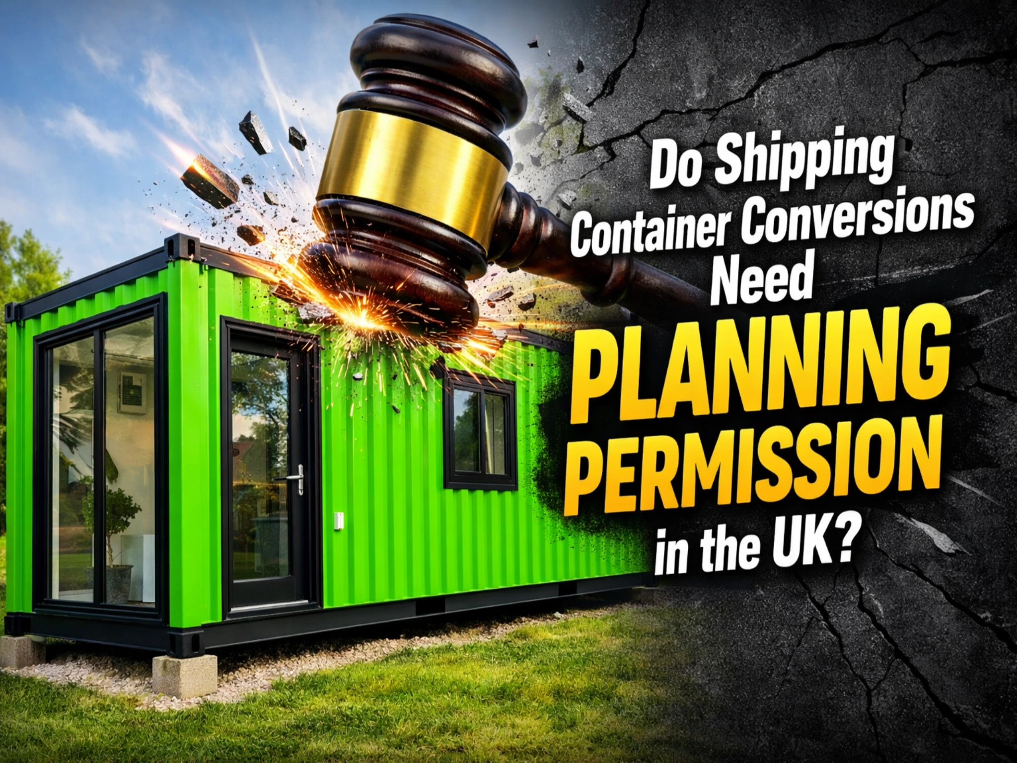 Bright green shipping container conversion with black accents being struck by a judge’s gavel representing UK planning permission rules for container conversions.