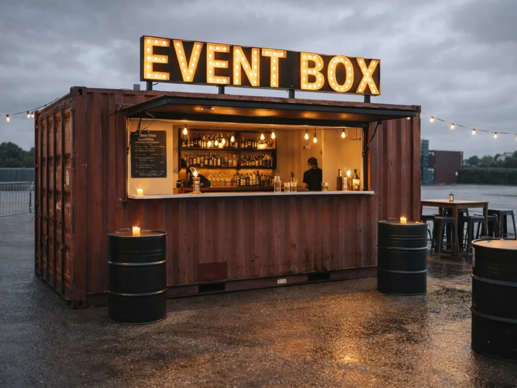 20ft used shipping container converted into an event box bar with serving hatch and illuminated signage.