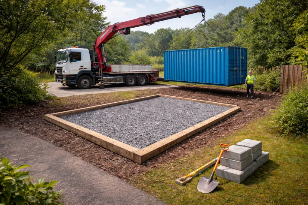 20ft shipping container positioned on a concrete hardstanding base with HIAB lorry aligned for delivery
