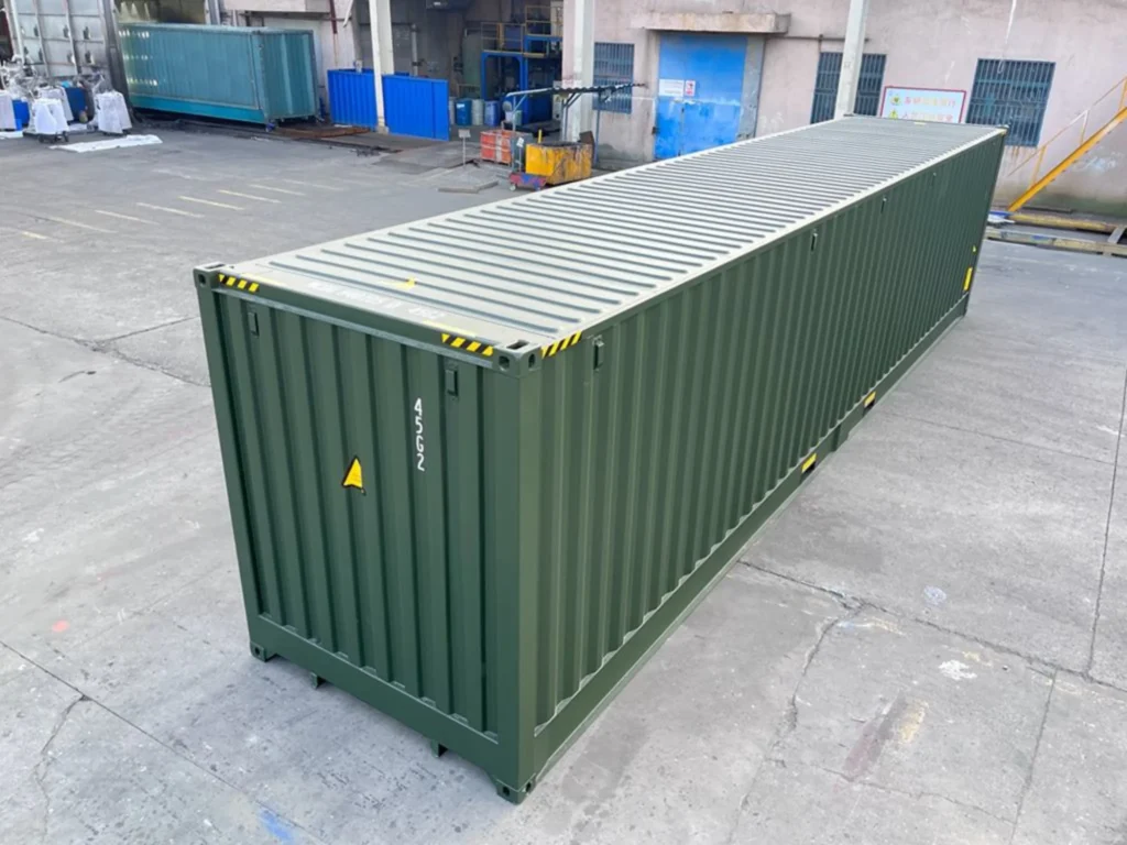 40ft new one trip open side shipping container exterior view in industrial container depot