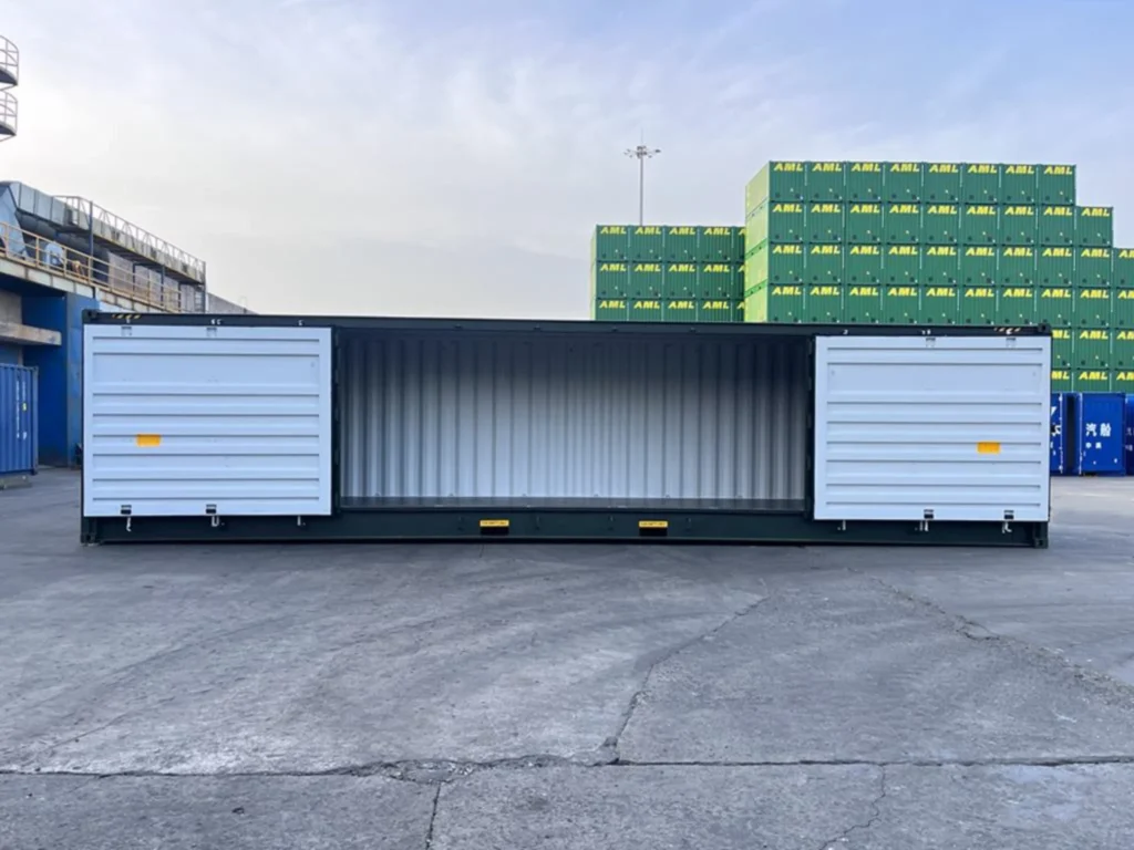 Interior view of 40ft high cube side opening shipping container with taller reinforced floor for heavy loads