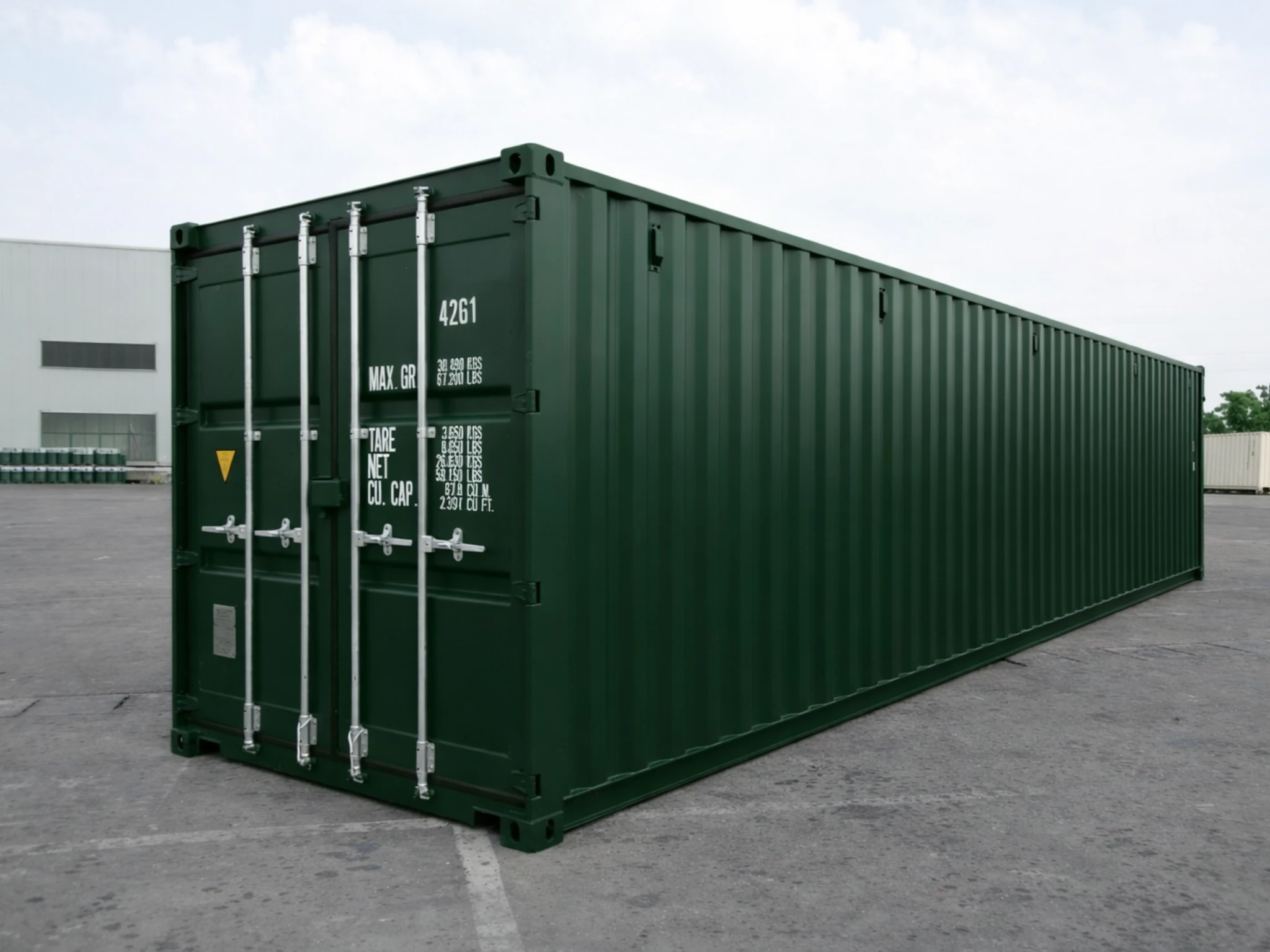 40ft new one trip shipping container in green, exterior front angle view showing secure steel doors and wind and watertight construction.