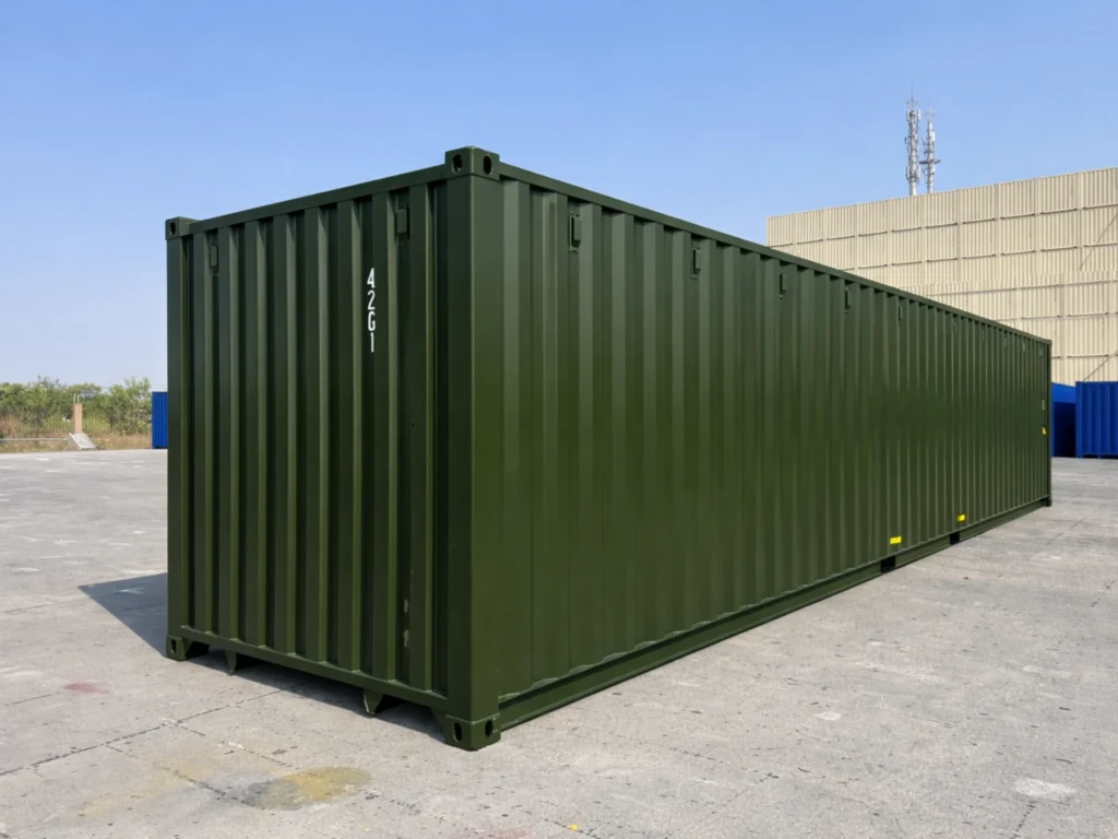40ft new one trip shipping container green exterior side angle