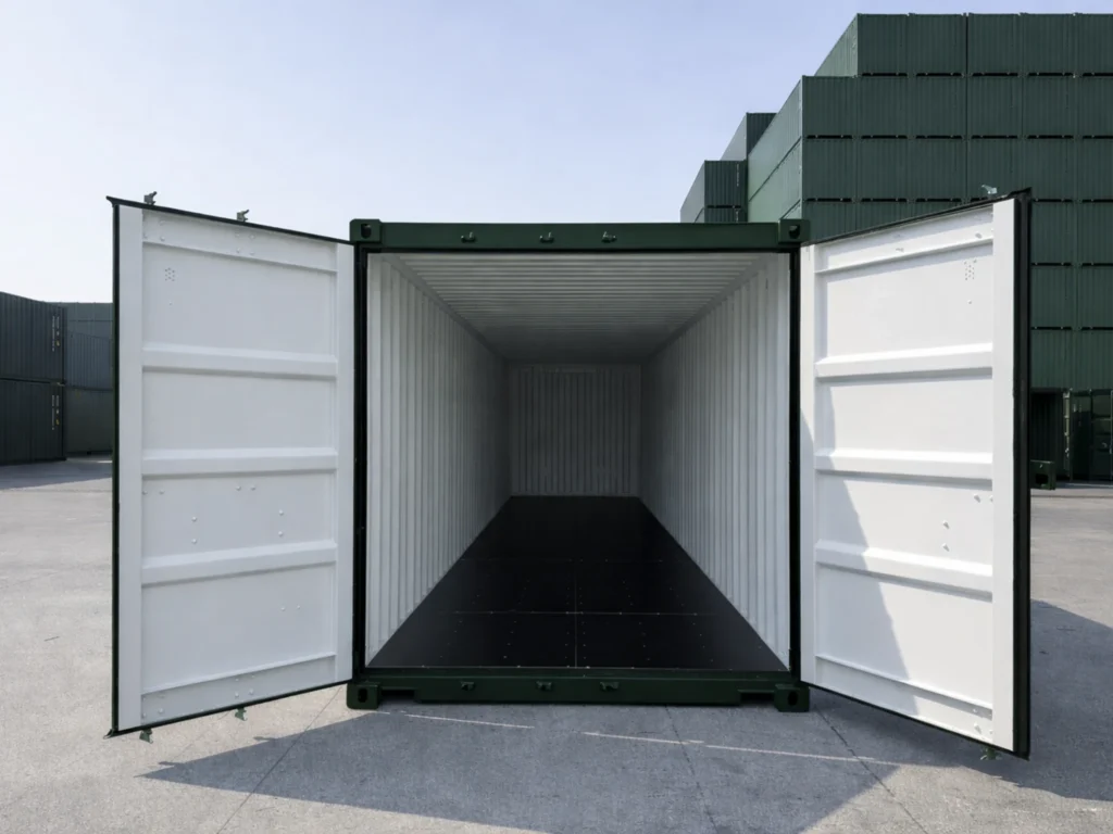 Interior view of a 40ft new one trip shipping container with doors open, showing clean steel walls and durable plywood flooring.