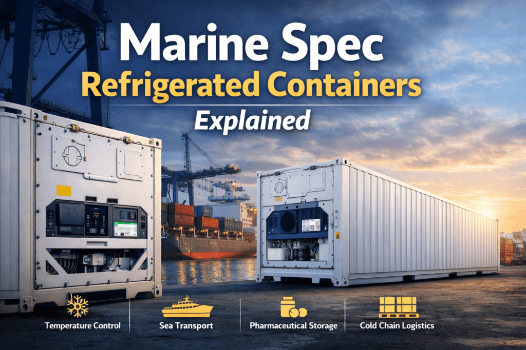 Marine spec refrigerated containers at a UK port showing 20ft and 40ft reefers with integrated refrigeration units, used for temperature controlled storage and international shipping.