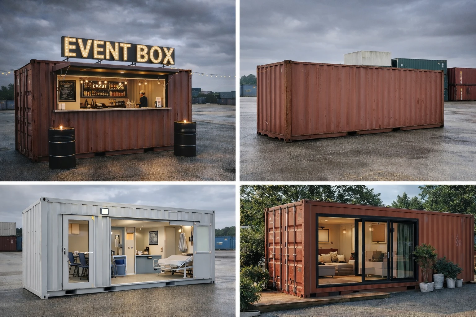Best uses for 20ft used shipping containers showing event box bar, general storage, office conversion and container home