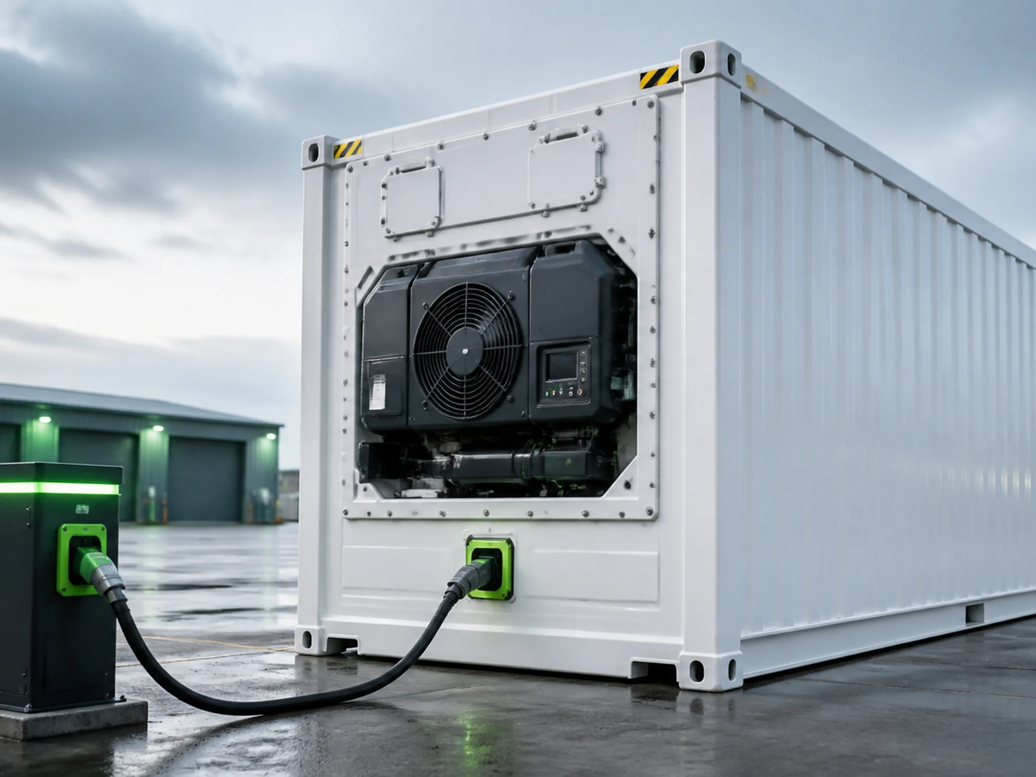 White refrigerated shipping container connected to a three-phase power supply at a UK industrial site.