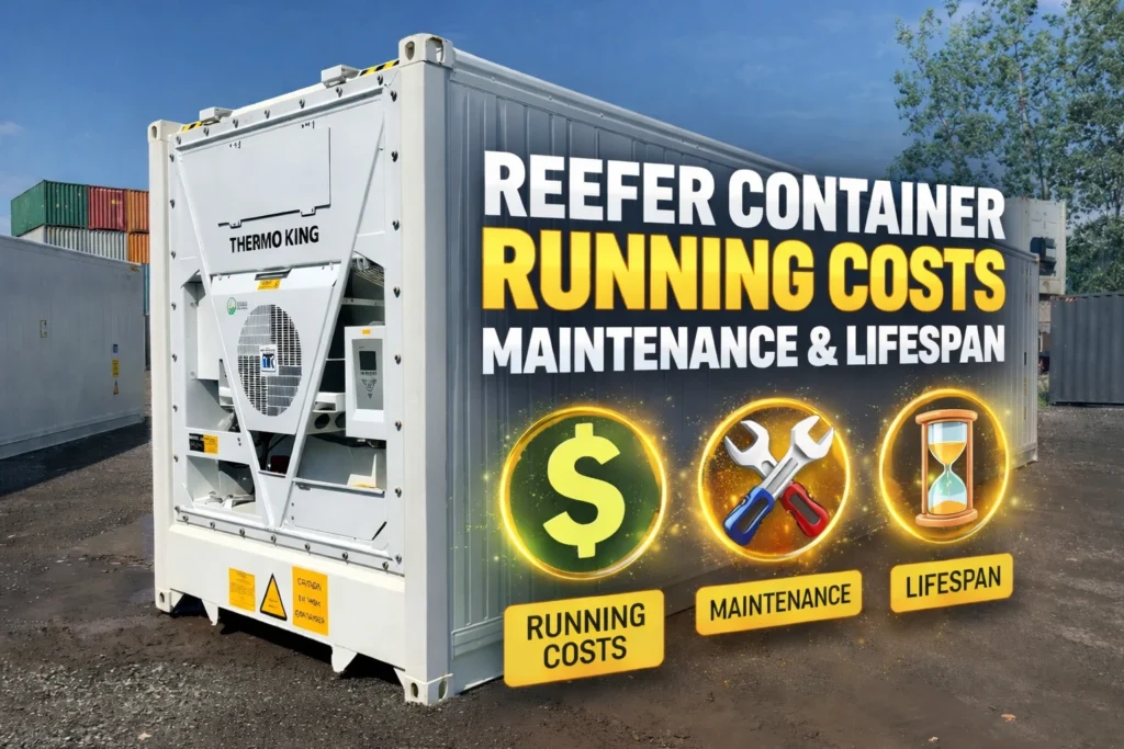 Refrigerated shipping container with Thermo King unit, graphic explaining reefer container running costs, maintenance and lifespan.