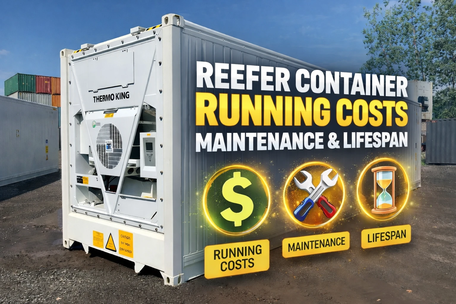 Refrigerated shipping container with Thermo King unit, graphic explaining reefer container running costs, maintenance and lifespan.