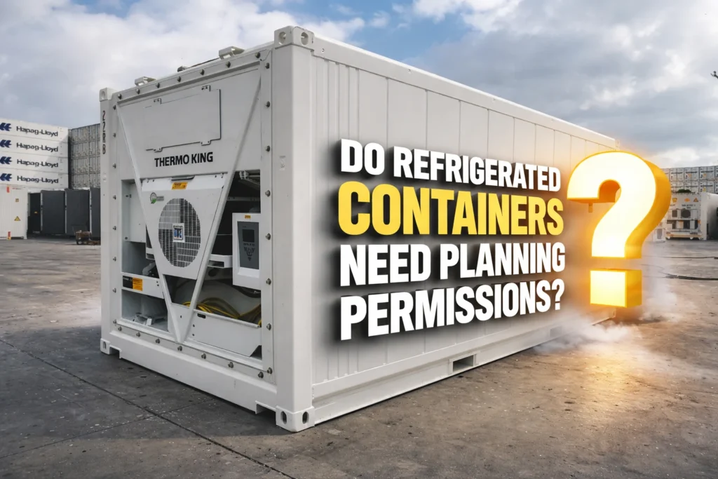 20ft refrigerated shipping container with Thermo King unit in an industrial yard, graphic asking if refrigerated containers need planning permission in the UK