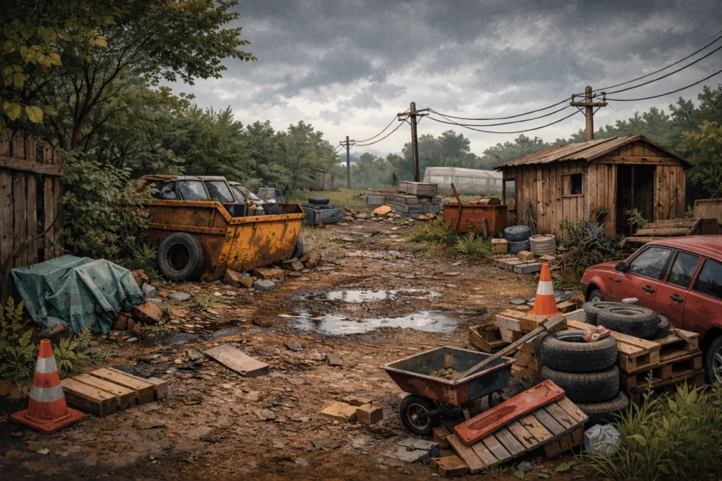 Unprepared UK delivery site with muddy, uneven ground and cluttered access route, showing scattered debris and obstacles that could delay a shipping container delivery